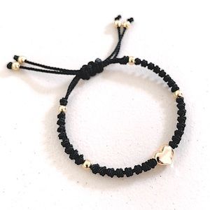 Stainless Steel Golden Puffed Heart Ajustable Macrame Bracelet Black